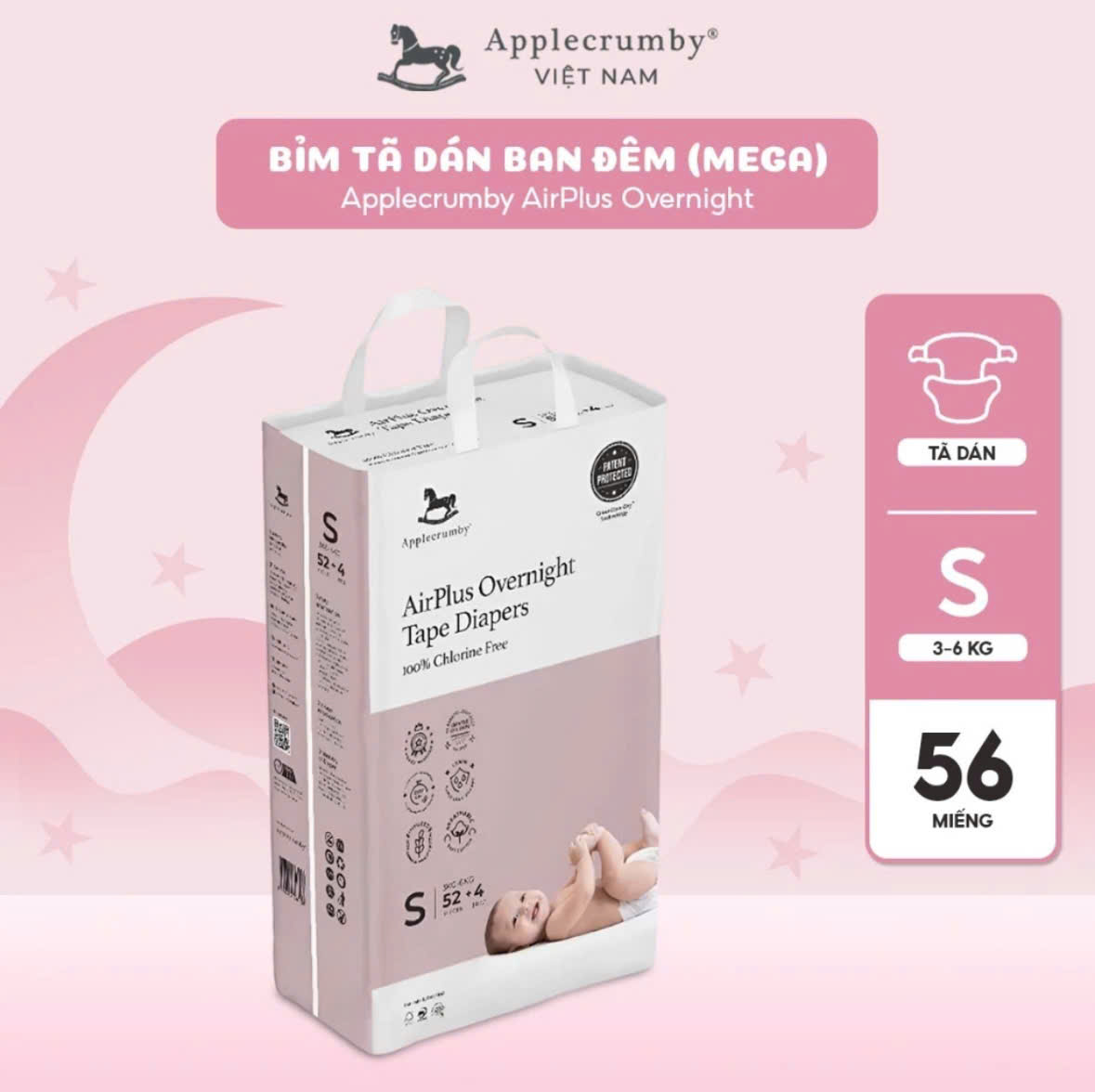 Bỉm tã dán đêm Applecrumby Airplus Overnight Mega Tape size S – 52+4 miếng (3 – 6kg) 1 Z7111565411199 Bf6b2fe156f0917135d8ffe829e3d7fe